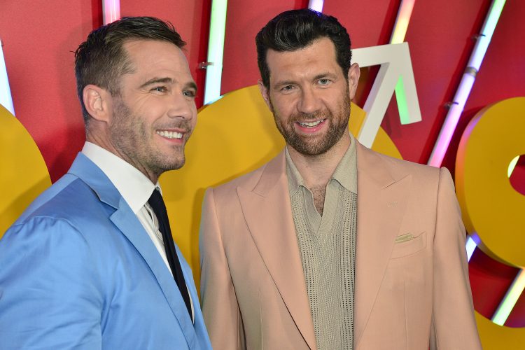 Luke Macfarlane and Billy Eichner attend the Los Angeles premiere of "Bros" on September 28, 2022.