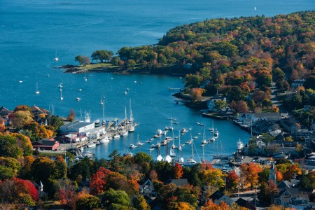 Aerial view of Camden, Maine harbor in fall from Mount Battie