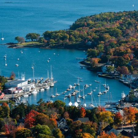 Aerial view of Camden, Maine harbor in fall from Mount Battie
