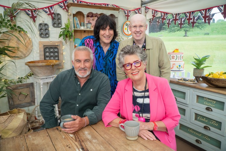 Noel Fielding, Matt Lucas, Paul Hollywood and Prue Leith on "The Great British Bake Off"