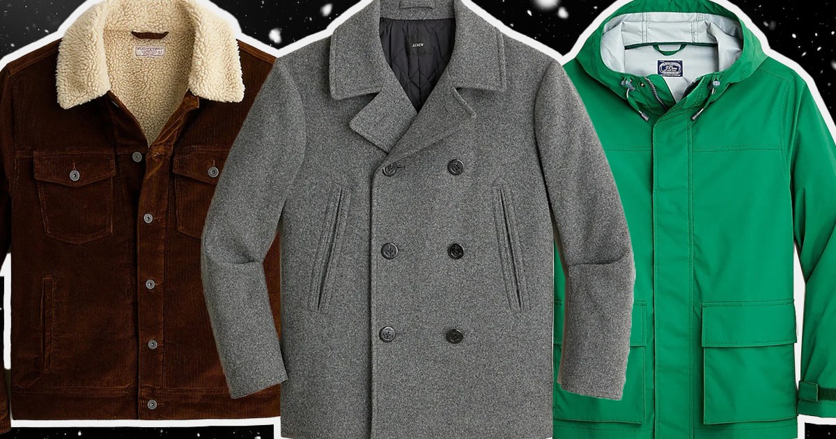 a collage of J.Crew Coats on a snowy dark background