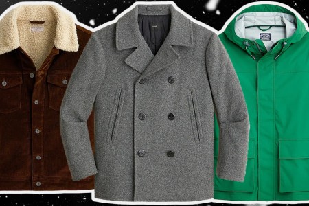 a collage of J.Crew Coats on a snowy dark background