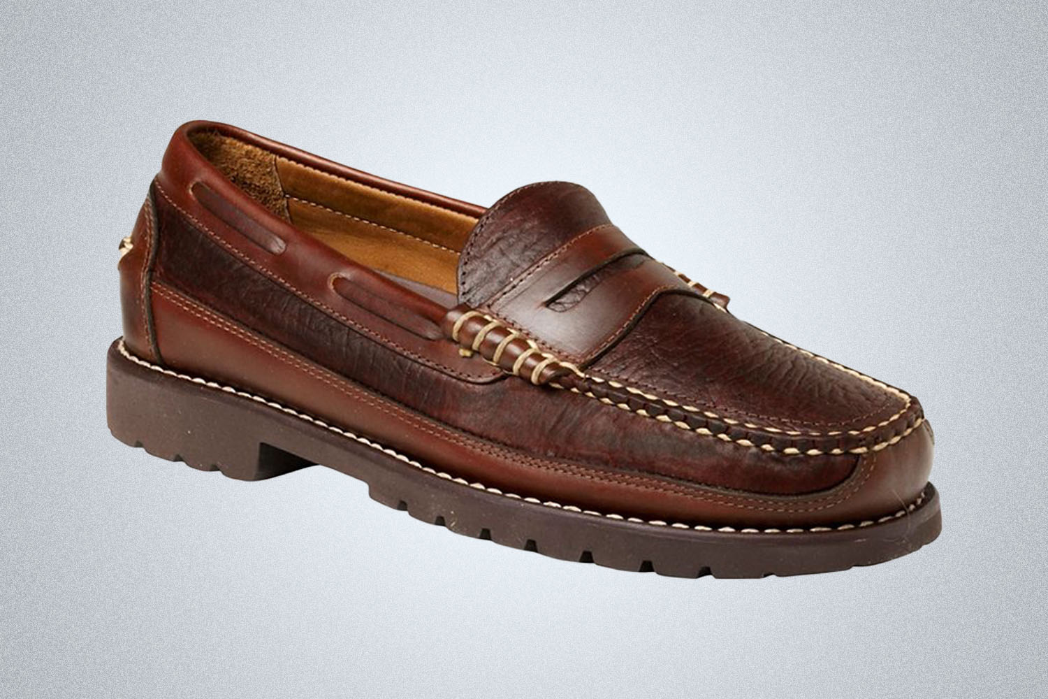 a brown Allagash Leather lug sole loafer on a grey background