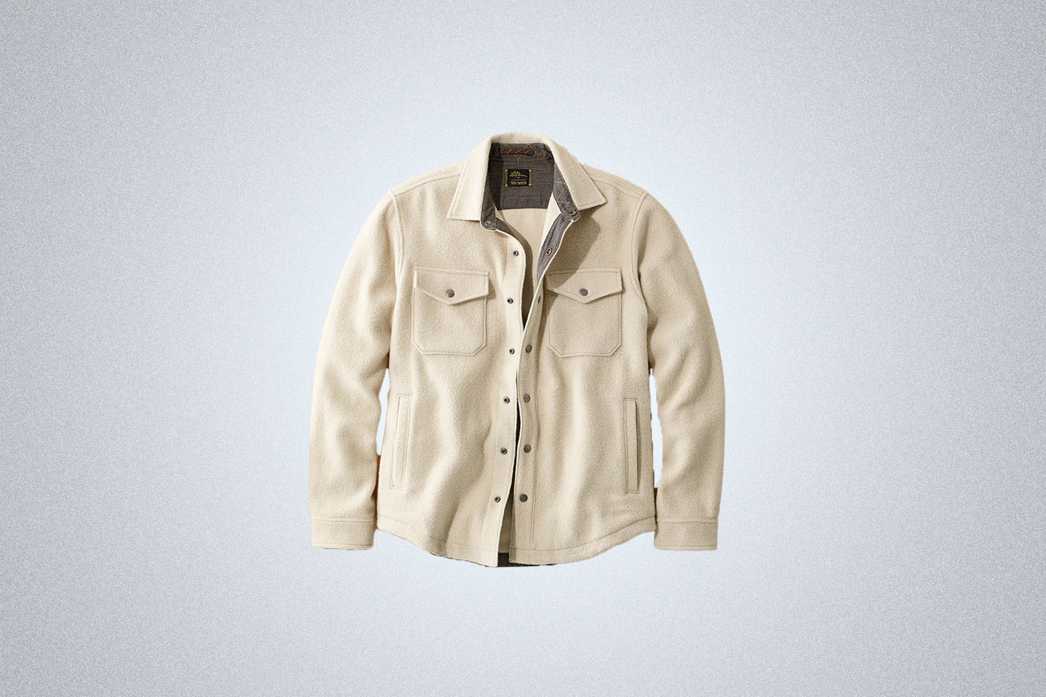 The L.L.Bean X Todd Snyder Wool Shirt Jacket In Sailcloth on a gray background