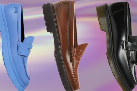a collage of various lug sole loafers on a multi-colored background