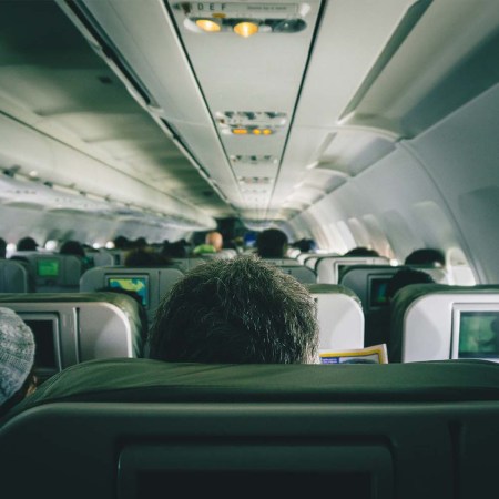 Top of man's head, sitting in a middle seat