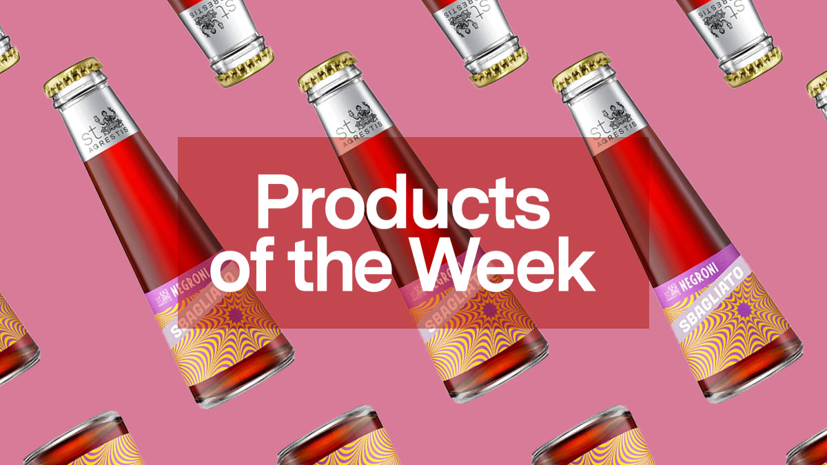a collage of bottled Negroni Spagliota on a pink background with the products of the week header overlayed