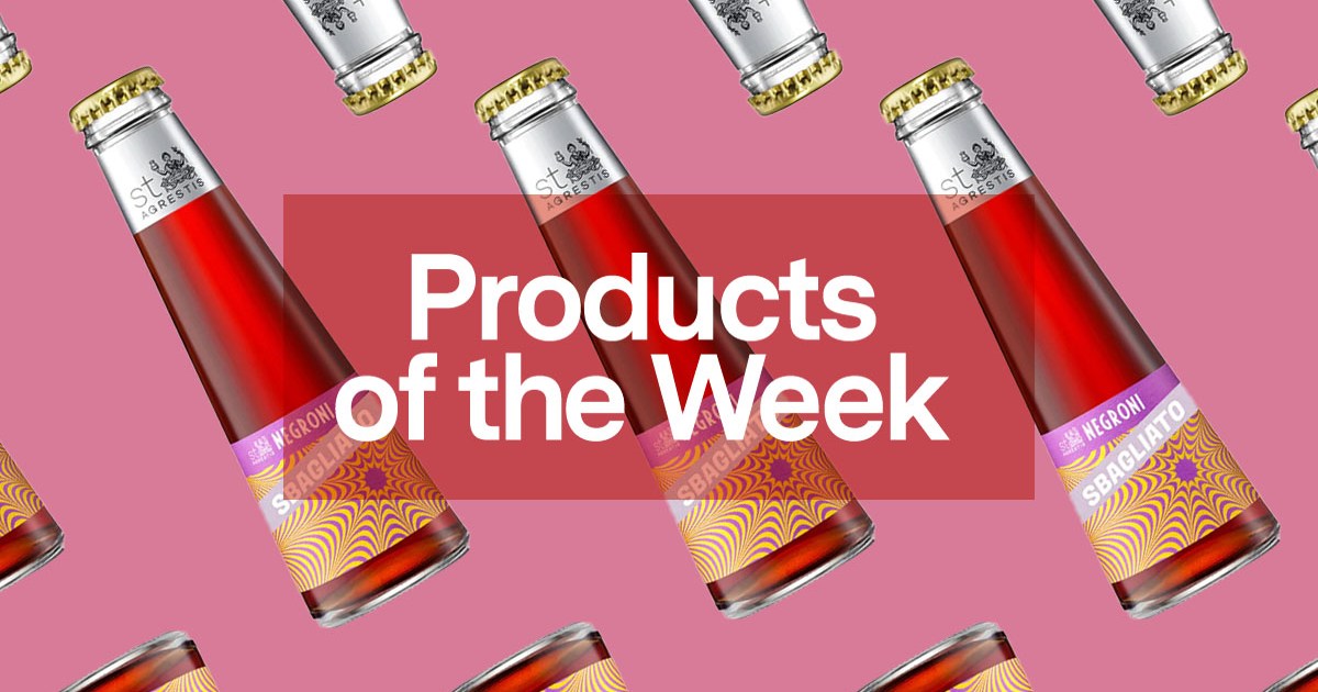 a collage of bottled Negroni Spagliota on a pink background with the products of the week header overlayed