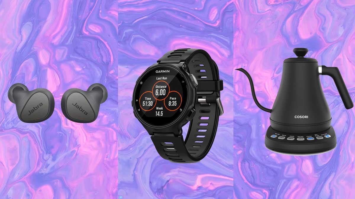 Earbuds, Garmin watch and electric kettle, deals you can still shop on Amazon, on a purple background