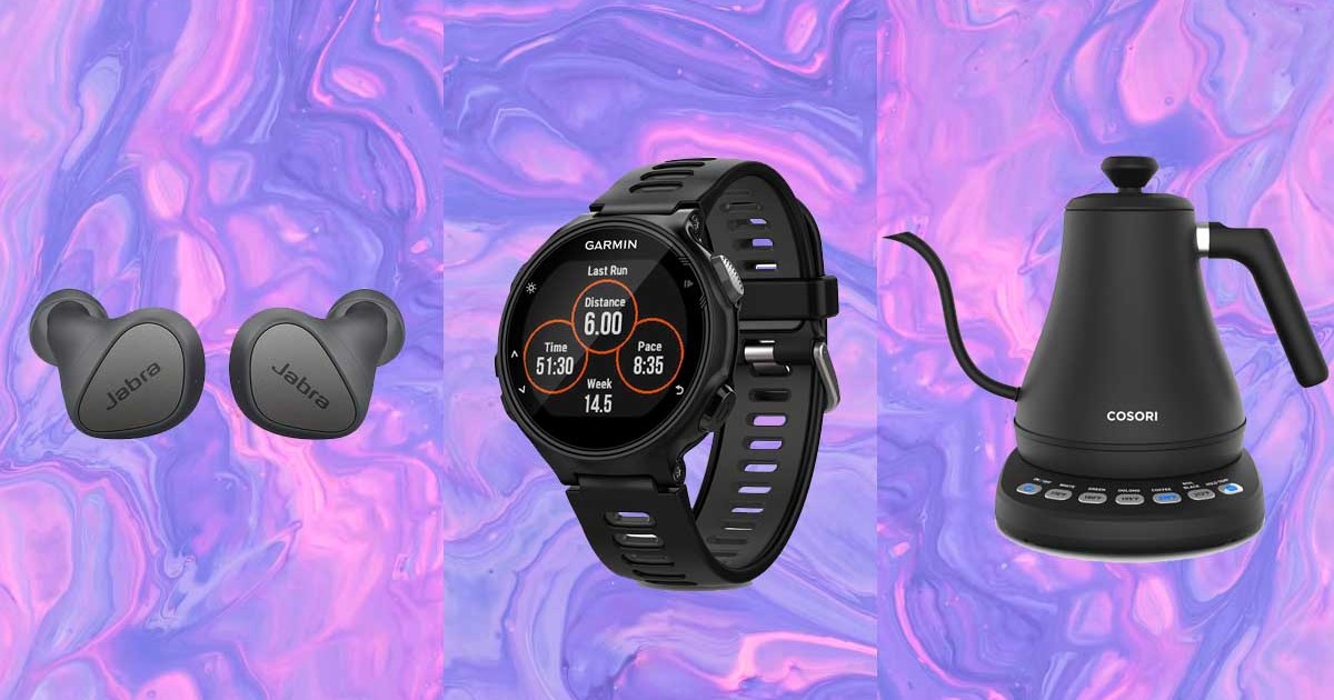 Earbuds, Garmin watch and electric kettle, deals you can still shop on Amazon, on a purple background