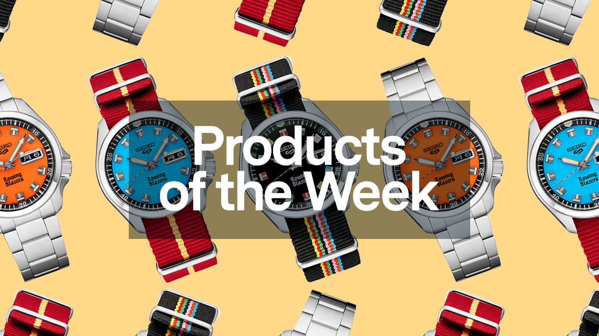 a collage of Rowing Blazers x Seiko watches on a yellow background with the Products of the Week Graphic overlayed