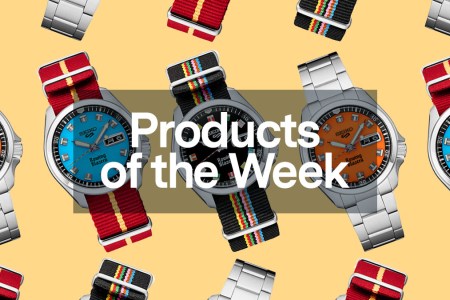 a collage of Rowing Blazers x Seiko watches on a yellow background with the Products of the Week Graphic overlayed