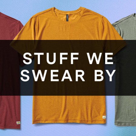 A box with text that reads "STUFF WE SWEAR BY" overlaid on three of Vuori's Strato Tech Tee