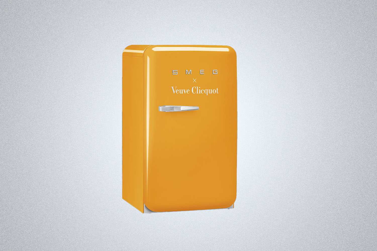 The Smeg Fab 10 Veuve Clicquot Refrigerator Special Edition on a gray background