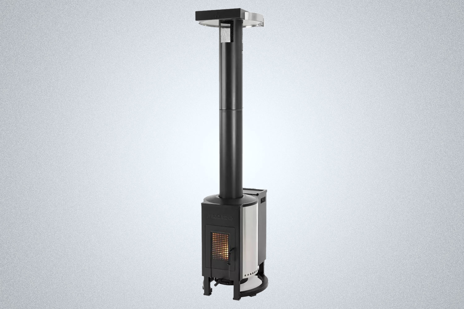 a Solo Stove tower patio heater on a grey background