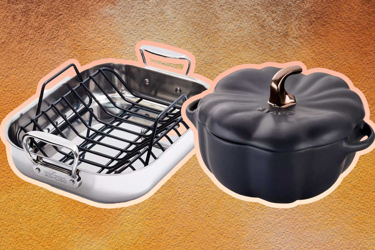 An All Clad Roasting Pan and Staub Mini Stoneware Pumpkin Cocotte