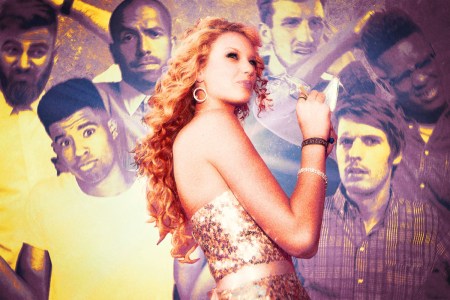 Taylor Swift in front of a wall of confused looking men