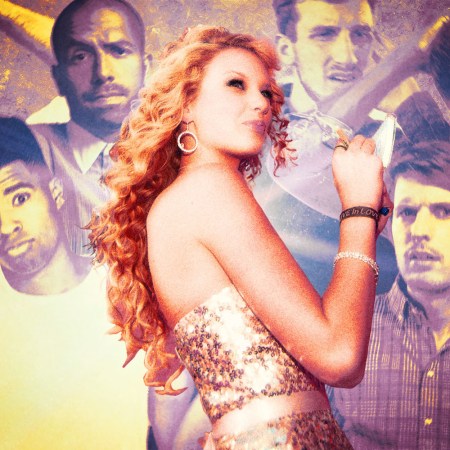 Taylor Swift in front of a wall of confused looking men