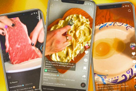 Three phones display TikTok food trend videos