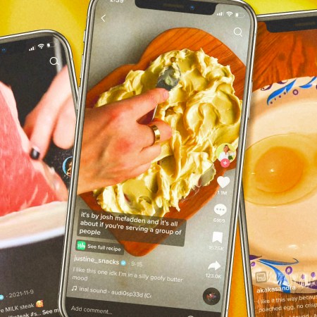 Three phones display TikTok food trend videos