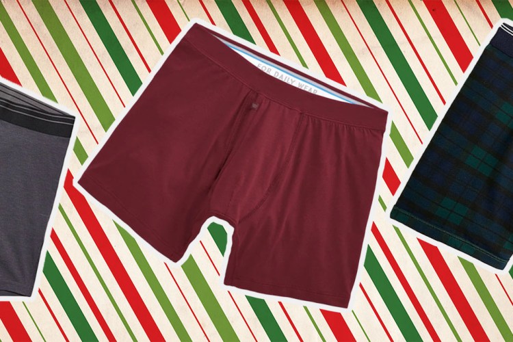 a collage of the best men's underwear on a red and green wrapping paper background