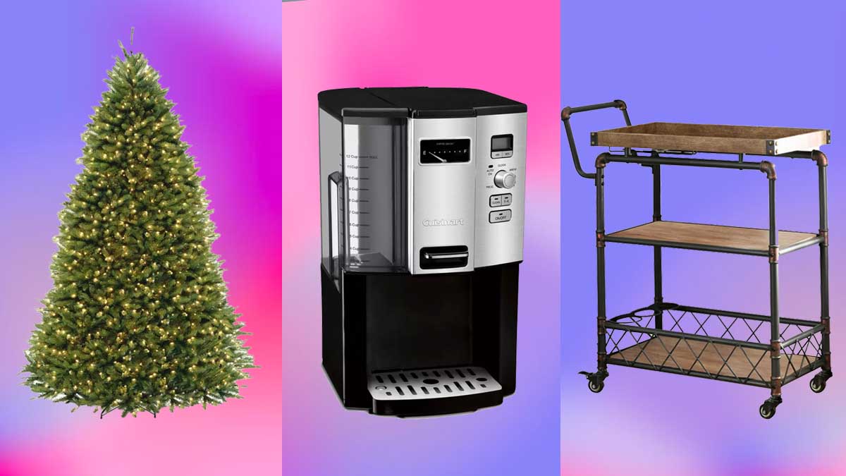 A Christmas tree, coffee maker and bar cart, all discounted for Way Day, on a pink/purple background