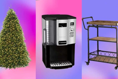 A Christmas tree, coffee maker and bar cart, all discounted for Way Day, on a pink/purple background