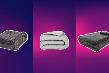 Three weighted blankets on a abstract purple gradient background