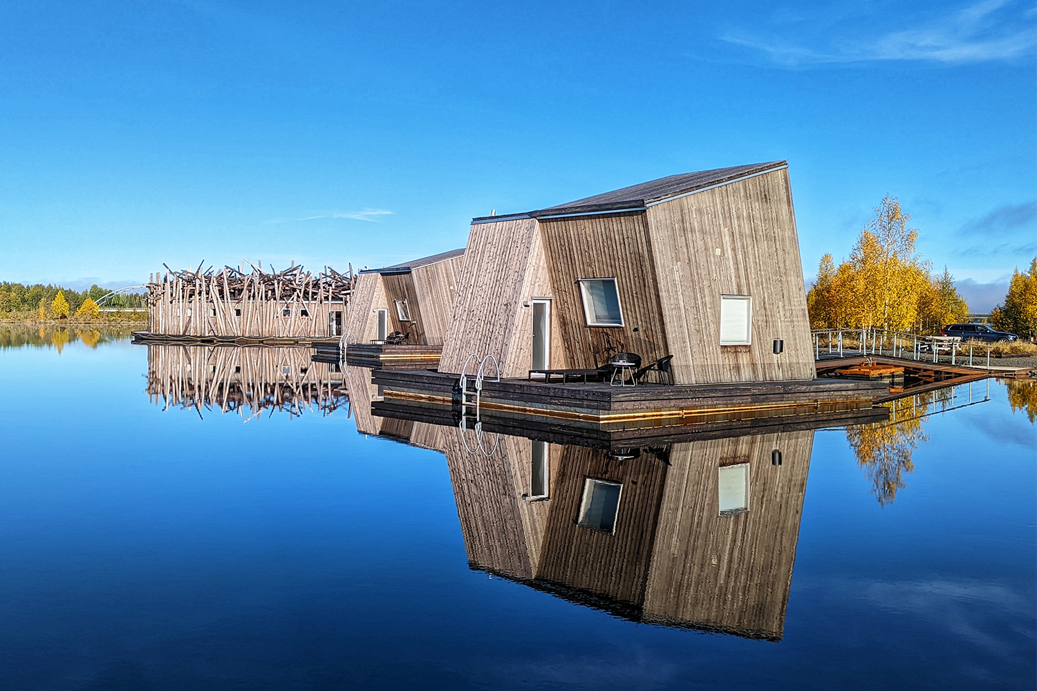 The floating cabins at Arctic Bath, a unique hotel in Swedish Lapland