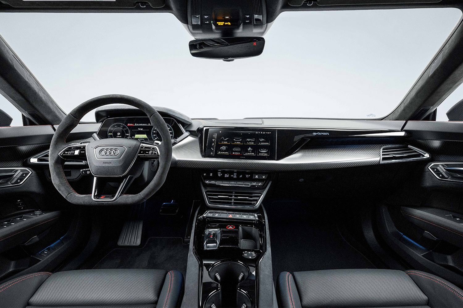 The front seats and dashboard in the 2022 Audi e-tron GT, which is currently being offered up by Omaze