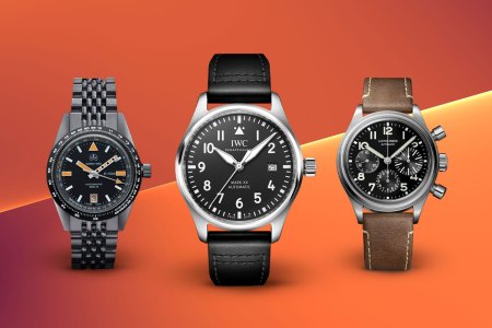 Three of the best pilot's watches on an orange background