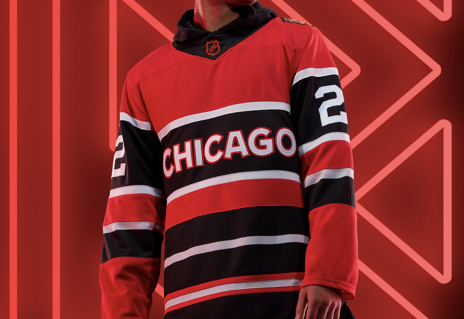 True to the franchise’s long history, Chicago’s jersey is inspired by one of the oldest legacy uniforms in this year’s group: their 1938 “barbershop pole” jersey. This one really embodies the concept of “Reverse Retro,” as we reversed the Black and Red color positions from the classic edition.