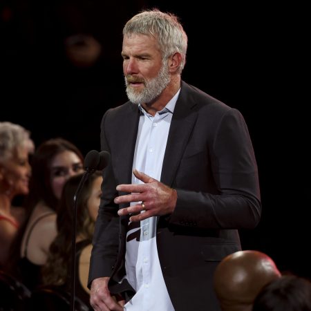 Brett Favre presents at the NFL Honors show in February of 2022. New allegations against Favre suggest welfare funds in Mississippi were used to aid in the creation of PreVPro.