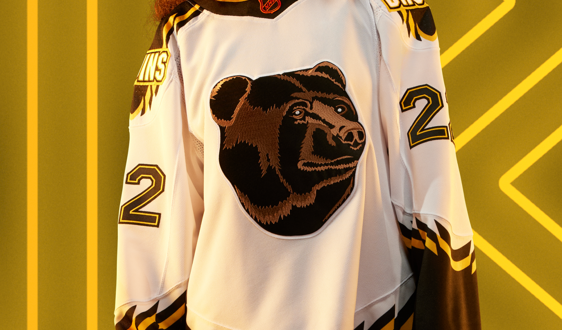 We knew this was going to be a highly-requested design because it’s simply iconic. The Bruins 1995 uniform was gold and we’ve remixed it in white, but the star of the show here is that legendary “Pooh Bear” logo.