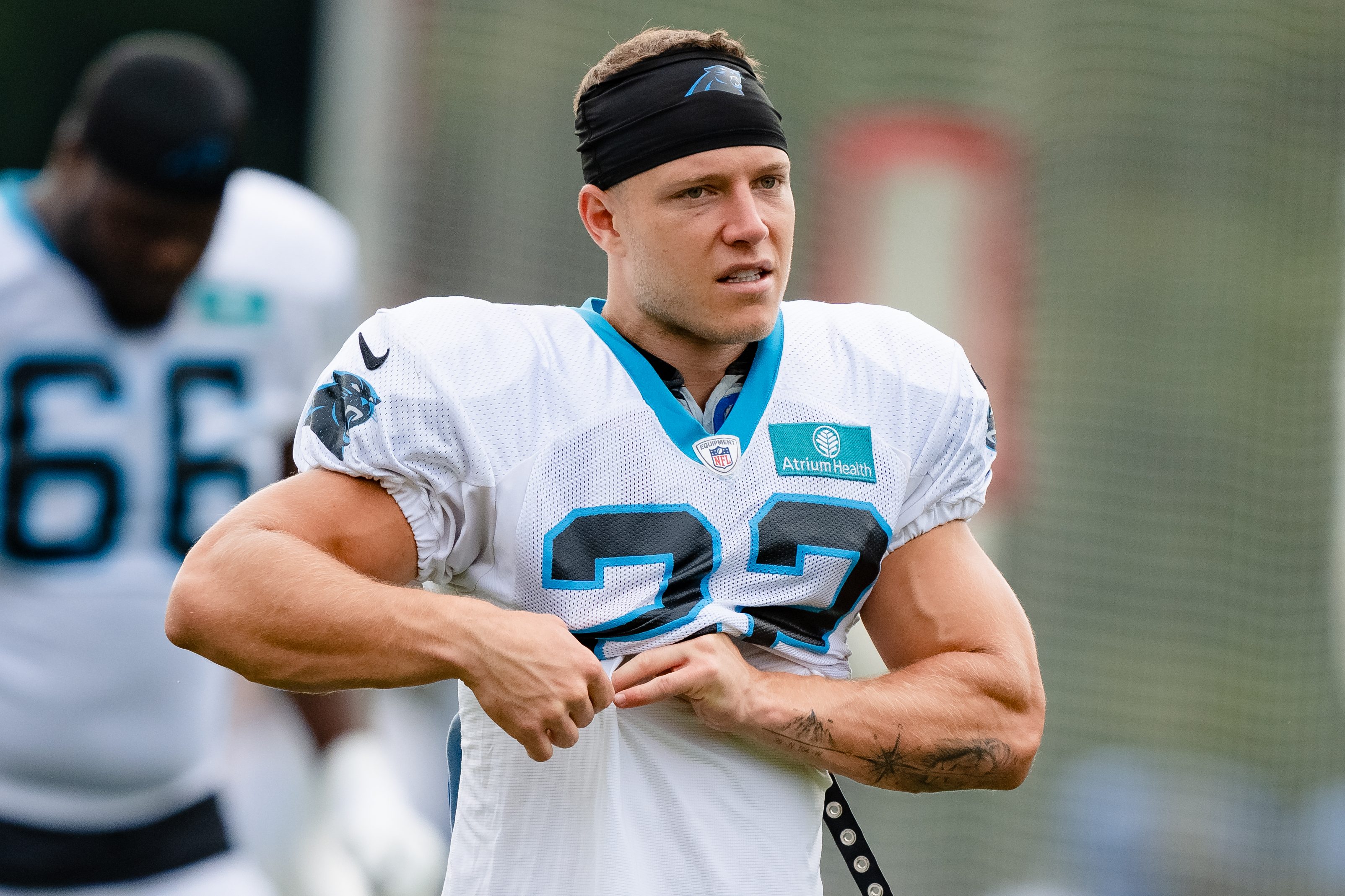 Star running back Christian McCaffrey preps for practice.