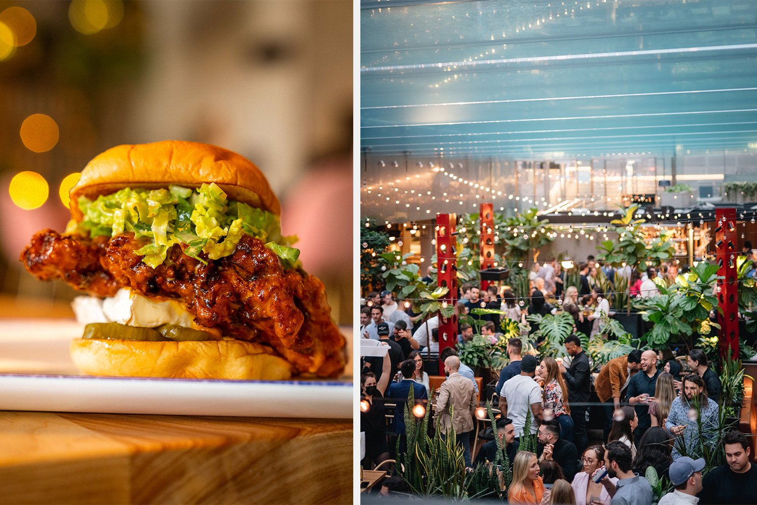 A Korean fried chicken sandwich (left) and the covered Biergarten, both at Montreal's Le Cathcart food hall