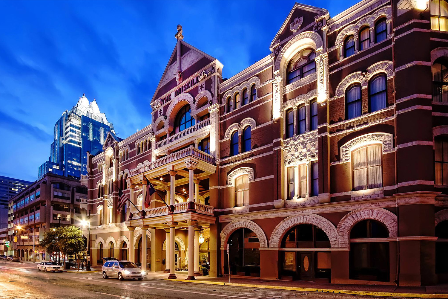 The Driskell Hotel in Austin, Texas, photographed with the lights on as the sun sets