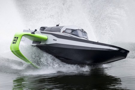 The first generation RaceBird, an electric racing boat slated to compete in the E1 Series, testing in Italy in 2022