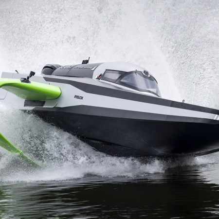 The first generation RaceBird, an electric racing boat slated to compete in the E1 Series, testing in Italy in 2022