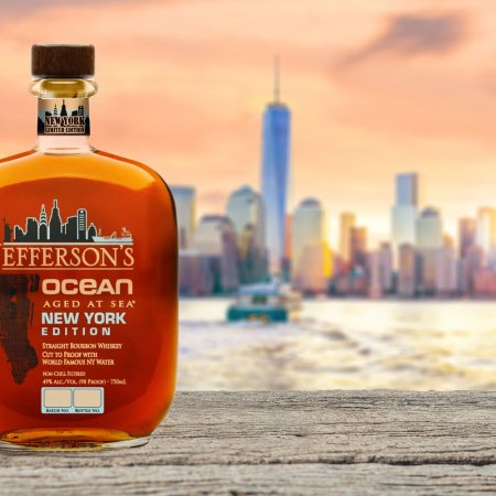 A bottle of Jefferson's Ocean Aged at Sea New York Edition, against an NYC backdrop