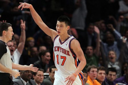 Jeremy Lin celebrates a 3-point shot against the Lakers in 2012 at Madison Square Garden