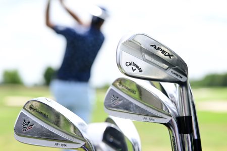 A detailed view of clubs being used at the LIV Golf Invitational - Bedminster in July 2022.