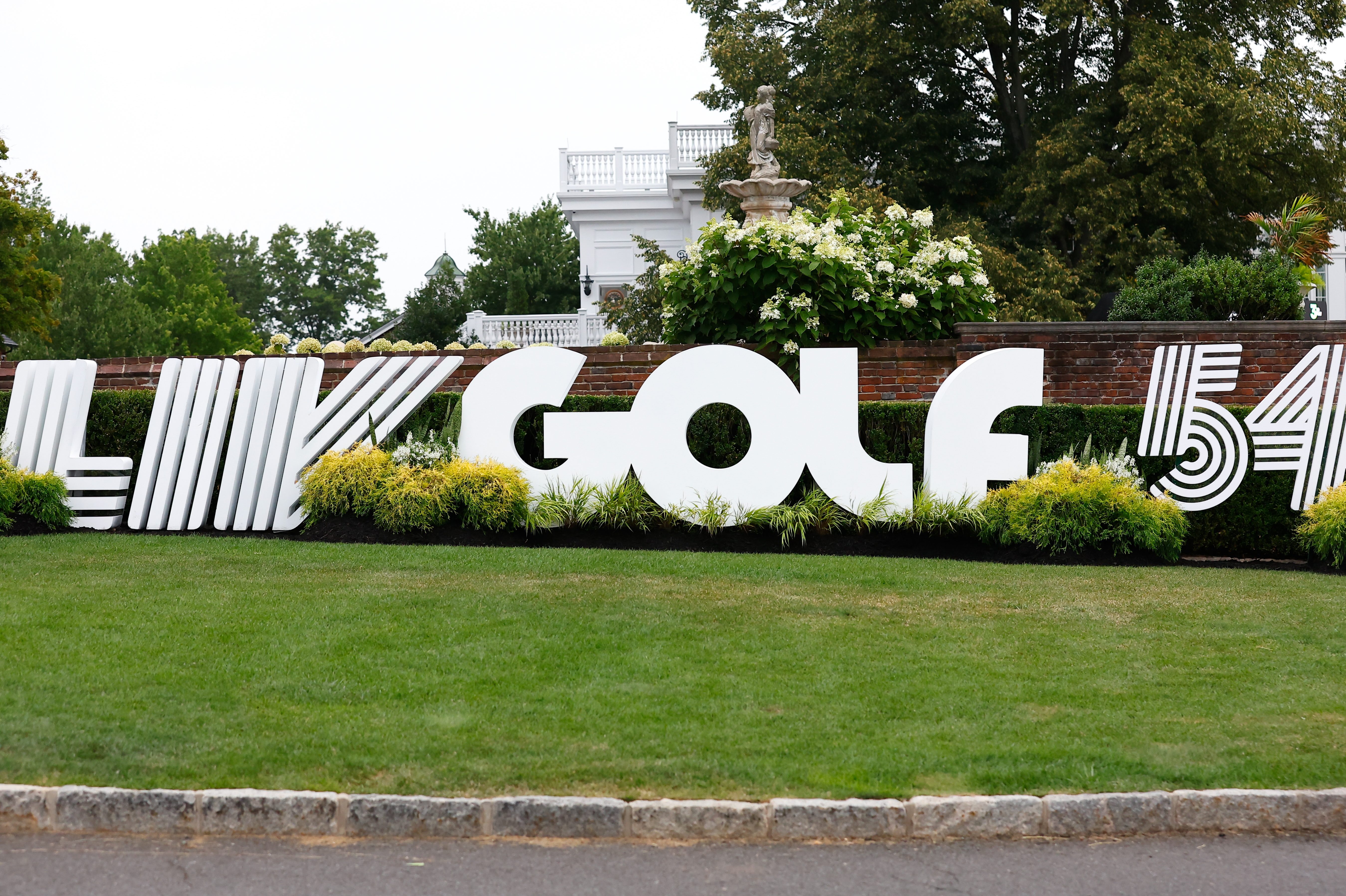 A general view of the LIV GOLF logo at Trump National Golf Club in NJ.