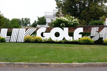 A general view of the LIV GOLF logo at Trump National Golf Club in NJ.