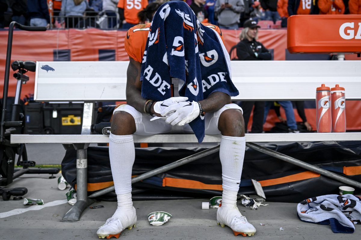 K.J. Hamler of the Denver Broncos sits on the bench after losing to the New York Jets. As it turns out, most NFL teams are mediocre at best.