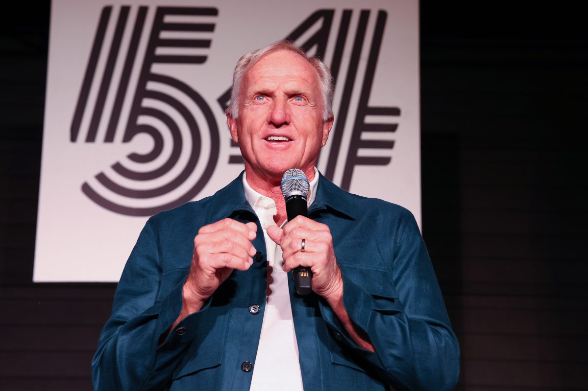 Greg Norman, CEO and commissioner of LIV Golf, speaks during a welcome party.
