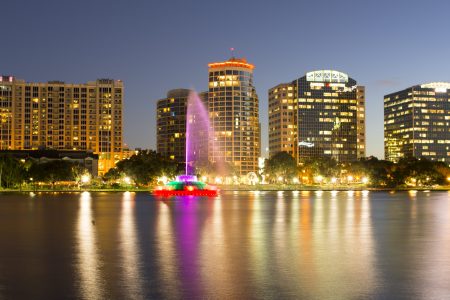 The Orlando skyline seen during twilight.