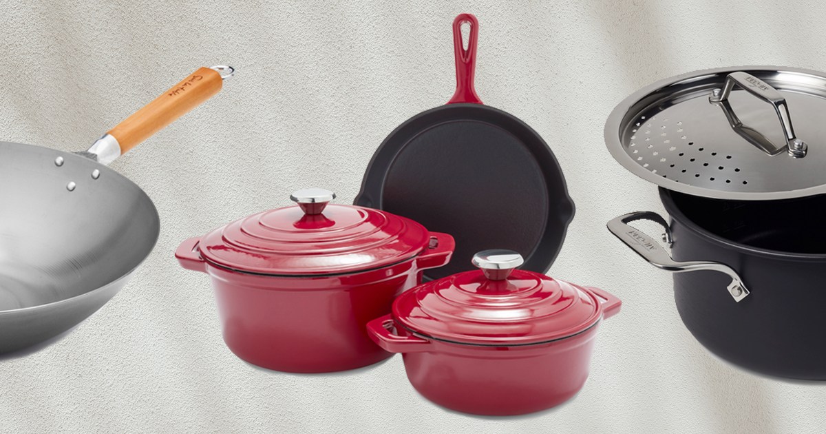 A set of cast iron from Sur La Table, a carbon steel wok and stockpot from All-Clad, all discounted during Sur La Table's Semi-Annual Cookware Sale
