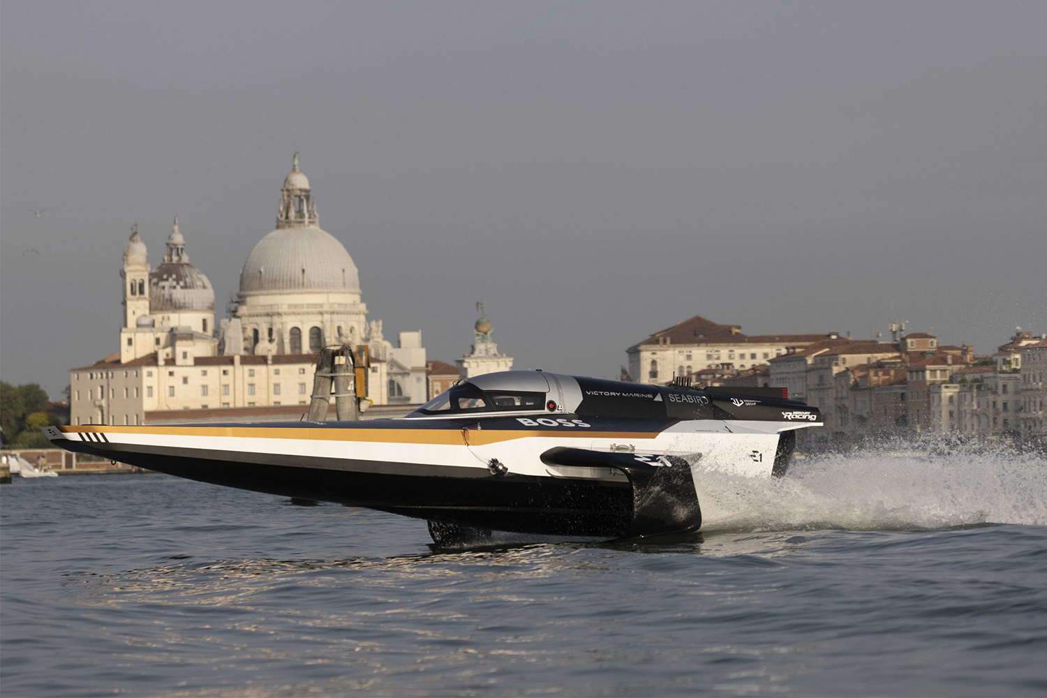 The RaceBird electric boat, which will race in the E1 series, is testing in the waters of Venice in June 2022