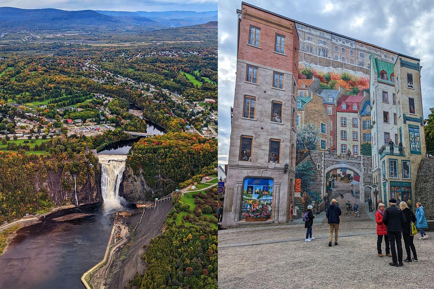 On the left, a photo of a waterfall in Quebec as taken from a helicopter. On the right, the Mural of Quebecers.